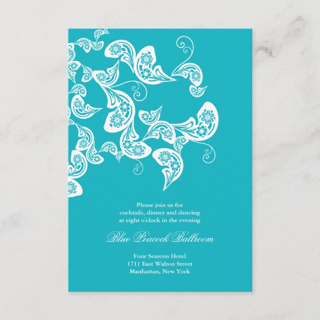 Turquoise Paisley Peacock Chic Wedding Reception Enclosure Card (Front)