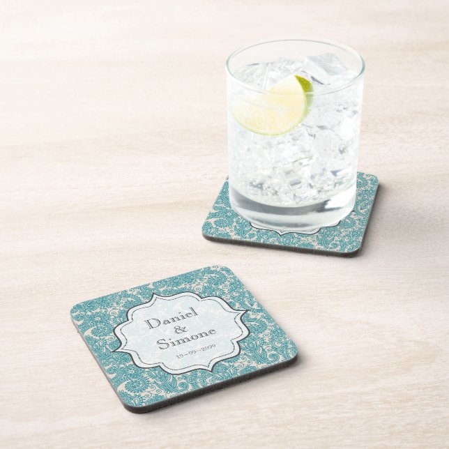 Turquoise Paisley Personalised Wedding Coasters (Right Side)