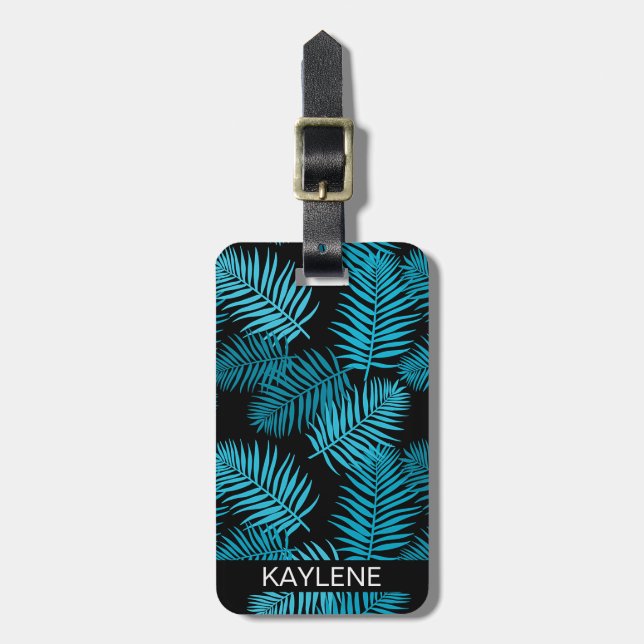 Turquoise Palm Leaves Personalised Luggage Tag (Front Vertical)