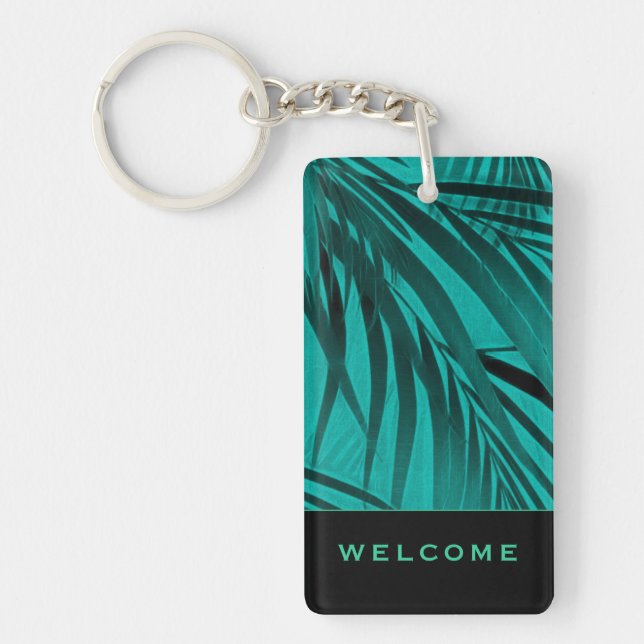 Turquoise Palm Leaves | Welcome | Vacation Rental Key Ring (Front)