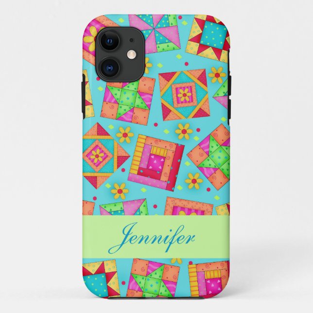 Turquoise Patchwork Quilt Block Art Custom Case-Mate iPhone Case (Back)