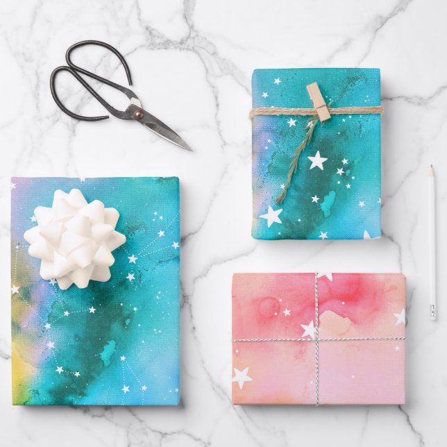 Turquoise Peach Blossom Colourful Celestial Stars Wrapping Paper Sheet (Front)