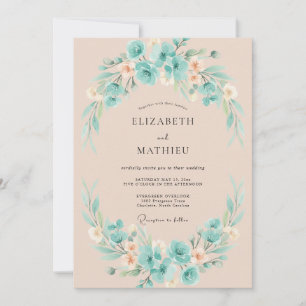 Turquoise Peach Wreath Wedding Invitation