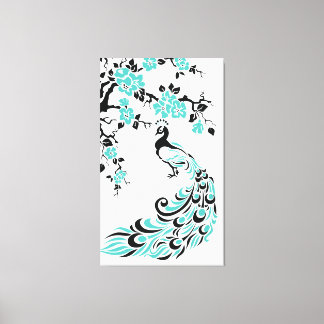 Turquoise peacock and cherry blossoms custom canvas print