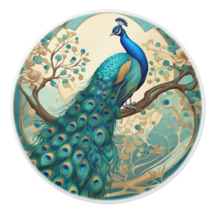 Turquoise Peacock Bird Art Nouveau Art Deco Ceramic Knob