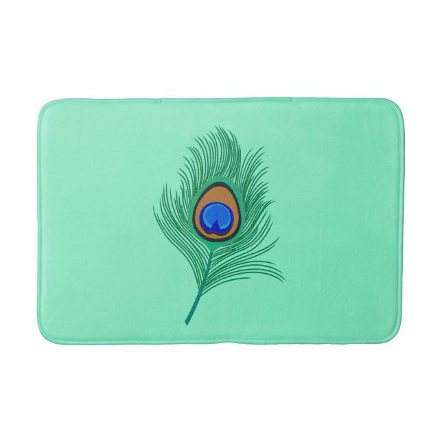 Turquoise Peacock Feather on Light Aqua Bath Mat (Front)