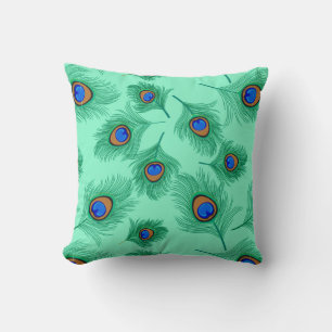 Turquoise Peacock Feathers on Light Aqua Cushion