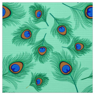 Turquoise Peacock Feathers on Light Aqua Fabric