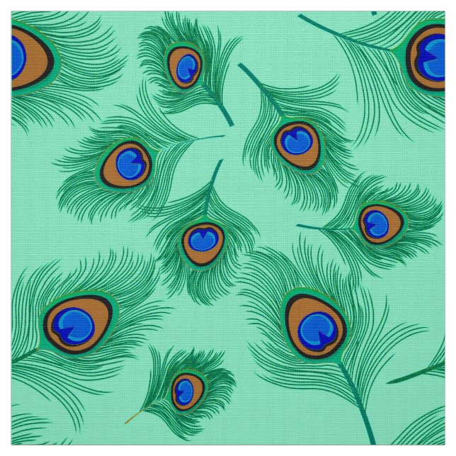 Turquoise Peacock Feathers on Light Aqua Fabric (Swatch)