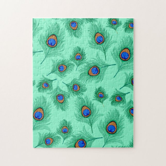 Turquoise Peacock Feathers on Light Aqua Jigsaw Puzzle (Vertical)