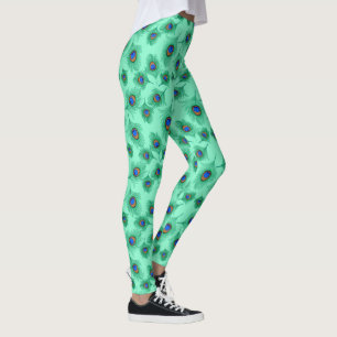 Turquoise Peacock Feathers on Light Aqua Leggings