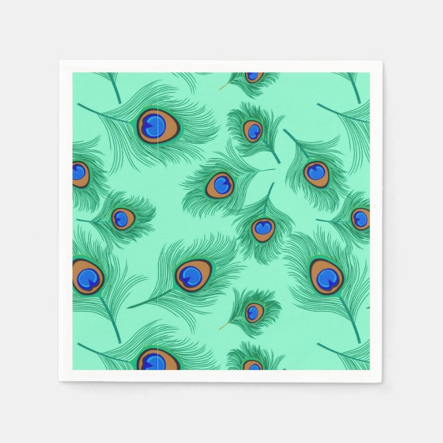 Turquoise Peacock Feathers on Light Aqua Napkin (Front)