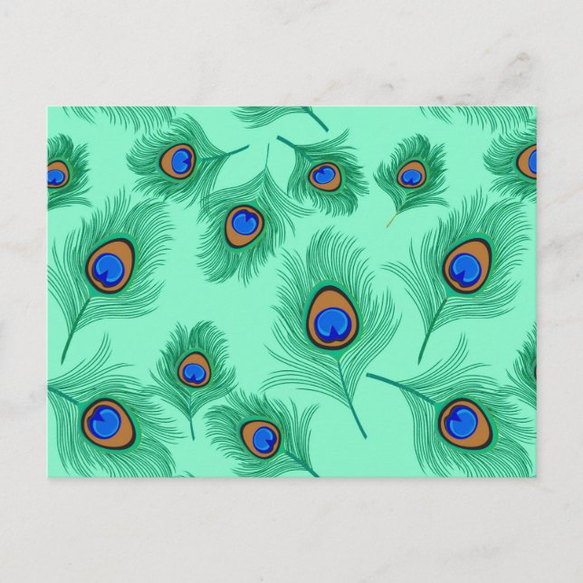Turquoise Peacock Feathers on Light Aqua Postcard (Front)