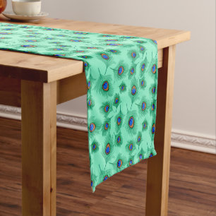 Turquoise Peacock Feathers on Light Aqua Short Table Runner