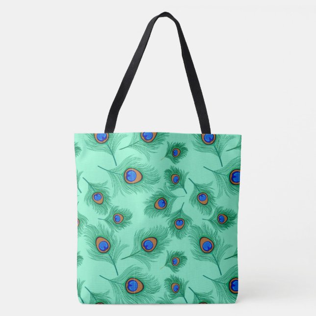Turquoise Peacock Feathers on Light Aqua Tote Bag (Front)