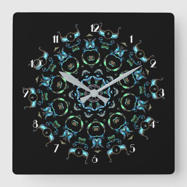 Turquoise Pearl Mandala Square Wall Clock (Front)