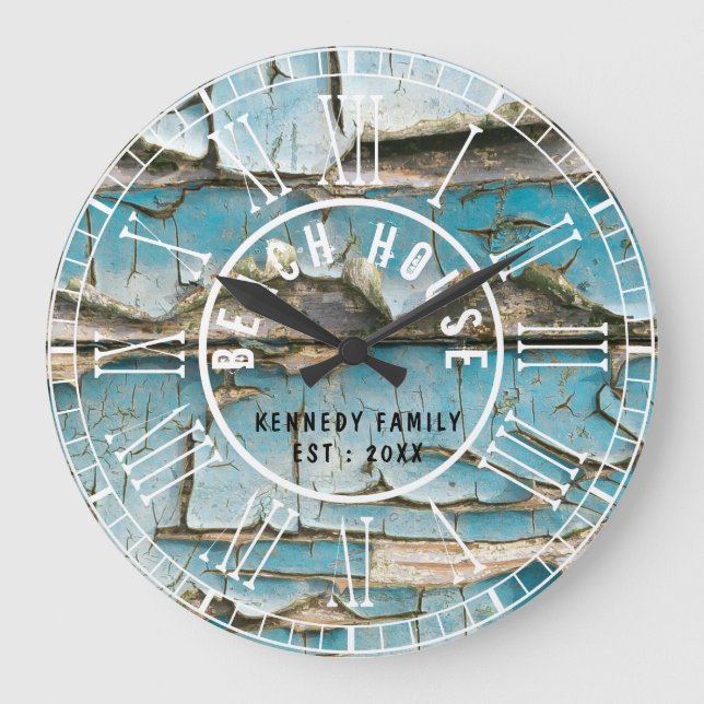 Turquoise Peeling Wood Beach House  Roman Numeral Large Clock (Front)