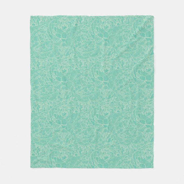Turquoise Peony Pattern Fleece Blanket (Front)