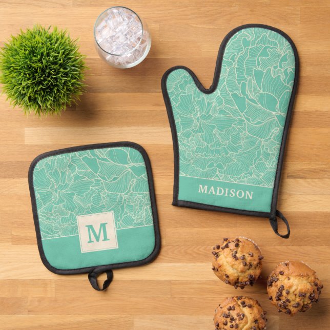 Turquoise Peony Pattern Oven Mitt & Pot Holder Set (Top Down)