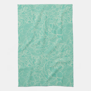 Turquoise Peony Pattern Tea Towel