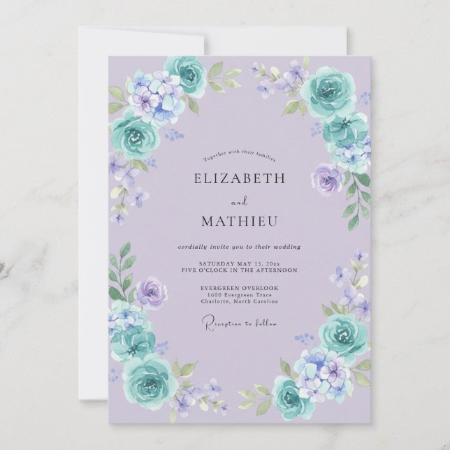 Turquoise Periwinkle Petal Wedding Invitation (Front)