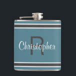 Turquoise Personalised Monogram Name Initial Drink Hip Flask<br><div class="desc">Single Initial & Name Monogrammed stainless steel flasks are timeless, classic and stylish. Our Unique design is the perfect personalised gift for that special occasion. Shop our integrated collection of coordinating colours and golf - sports accessories. Custom personal monogrammed initial and name combination is added to a turquoise and grey...</div>