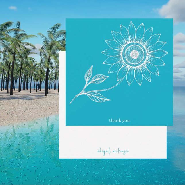 Turquoise Personalised Square Sunflower Outline Thank You Card (Creator Uploaded)