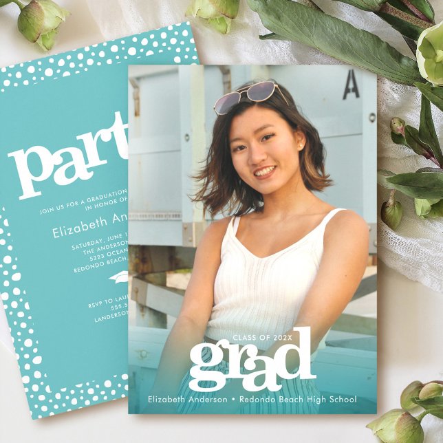 Turquoise photo bold modern grad party elegant invitation (Creator Uploaded)