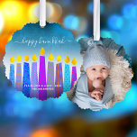 Turquoise Photo Hanukkah Menorah Candles Modern<br><div class="desc">“Happy Hanukkah.” A playful, modern, artsy illustration of boho pattern candles and handwritten calligraphy script help you usher in the holiday of Hanukkah in style. Assorted blue boho candles with colourful faux foil patterns overlay a turquoise gradient to white textured background on the front. Your favourite photo adorns the back....</div>
