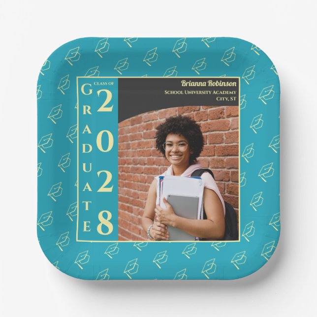 Turquoise Photo Modern Graduation Cap Party Paper Plate (Front)