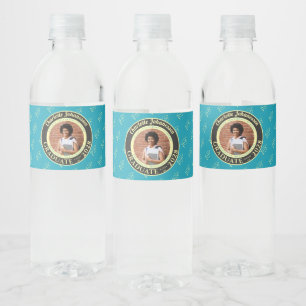 Turquoise Photo Modern Graduation Party Water Bottle Label
