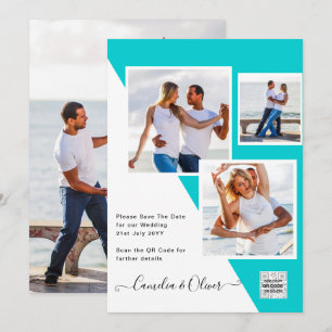 Turquoise Photo Wedding Invite QR Code Save Date