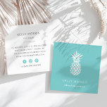 Turquoise Pineapple Square Business Card<br><div class="desc">Elegant square business cards feature a white pineapple illustration on a vibrant tropical turquoise background with two lines of custom text in white. Add your contact information to the reverse side. Includes three social media icons in matching robin's egg blue and a field for your username.</div>