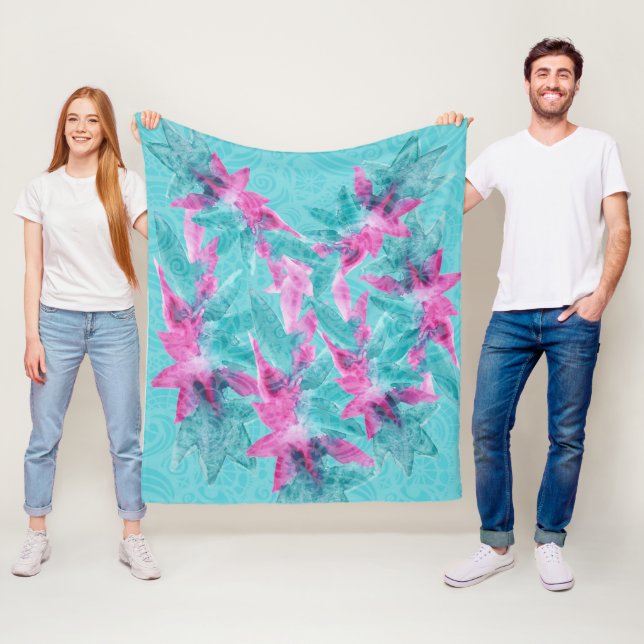 Turquoise Pink Abstract Hawaiian Flowers Fleece Blanket (In Situ)