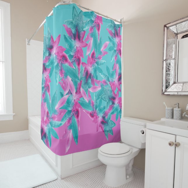 Turquoise Pink Abstract Hawaiian Flowers Shower Curtain (In Situ)