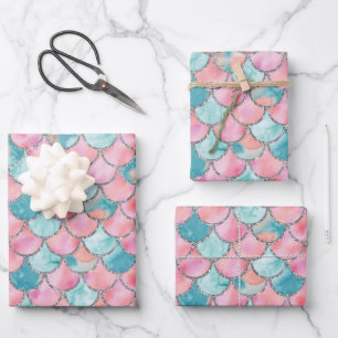 Turquoise, Pink and Silver Mermaid Scales   Wrapping Paper Sheet