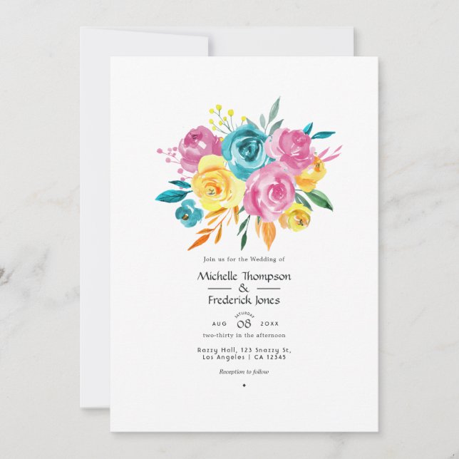 Turquoise, Pink and Yellow Floral Wedding  Invitation (Front)