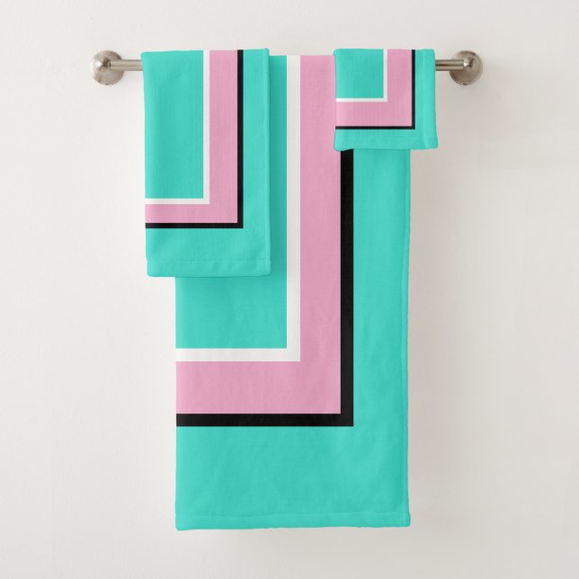 Turquoise Pink Black Block Pattern Bath Towel Set (Insitu)