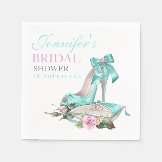 Turquoise & Pink Bridal Shower Shoe & Rose Napkin (Front)