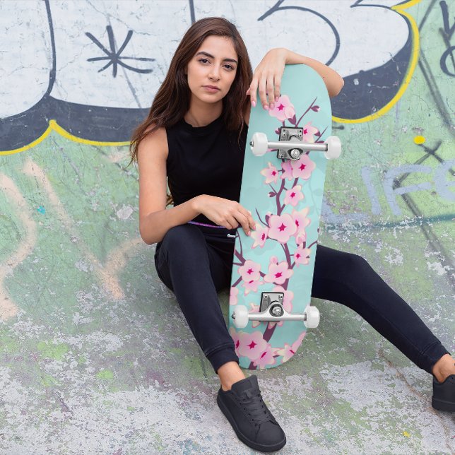 Turquoise Pink Cherry Blossom Skateboard (Creator Uploaded)