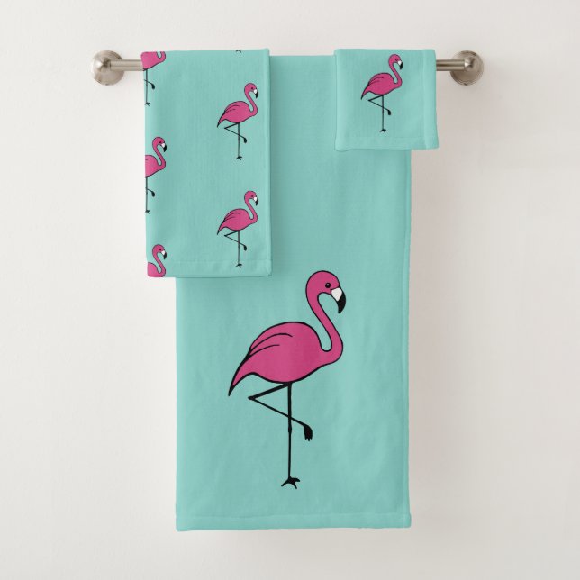 Turquoise Pink Flamingo Bath Towels Set Gift (Insitu)