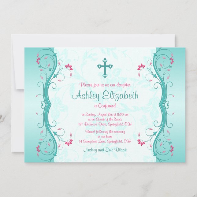 Turquoise Pink Floral Confirmation Invitation (Front)