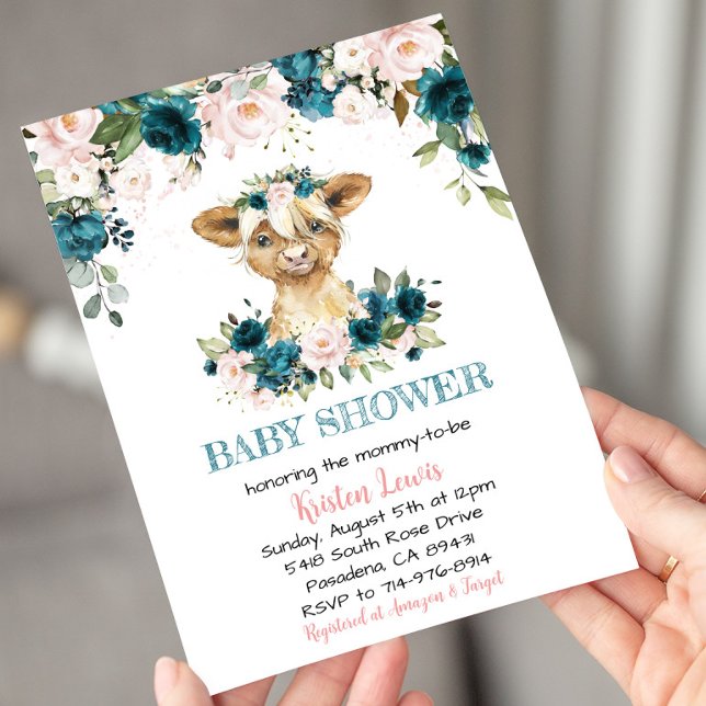 Turquoise & Pink Floral Highland Cow Baby Shower Invitation (Creator Uploaded)