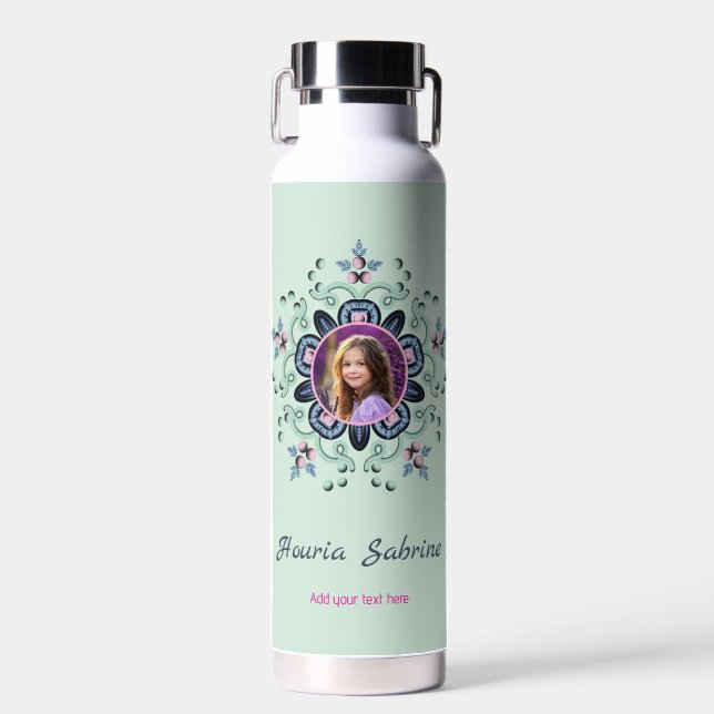 Turquoise & Pink Floral Mandala Doodle Photos  Water Bottle (Front)