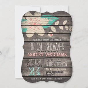 Turquoise Pink Flower on Rustic Wood Bridal Shower Invitation