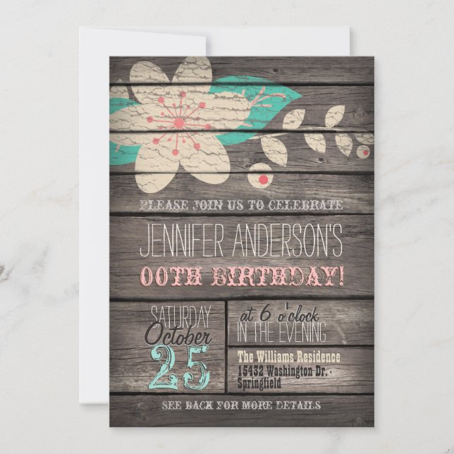 Turquoise, Pink Flower, Rustic Adult Teen Birthday Invitation (Front)