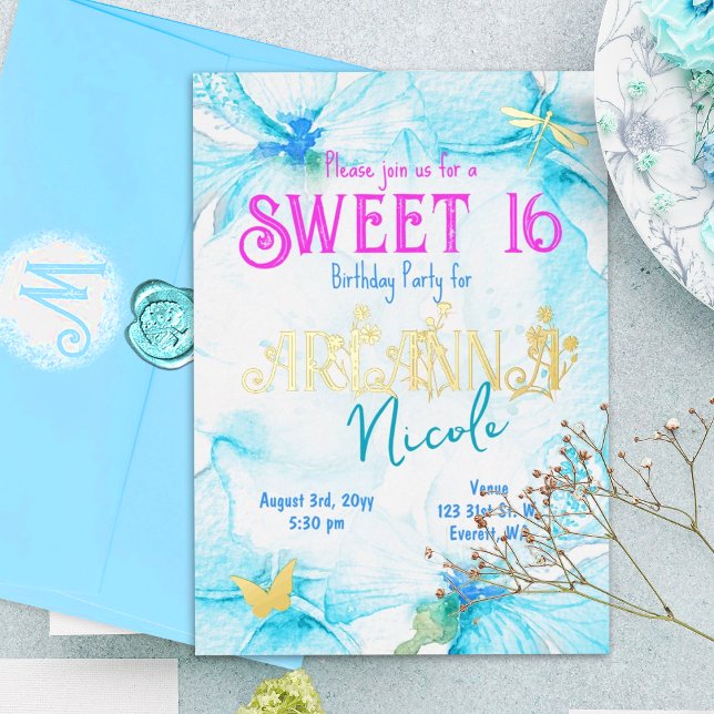 Turquoise Pink Gold Sweet 16 Floral Letters (Turquoise, cyan, Sweet 16 party invitation with gold foil letters & Whimsical dragonfly & butterfly.)