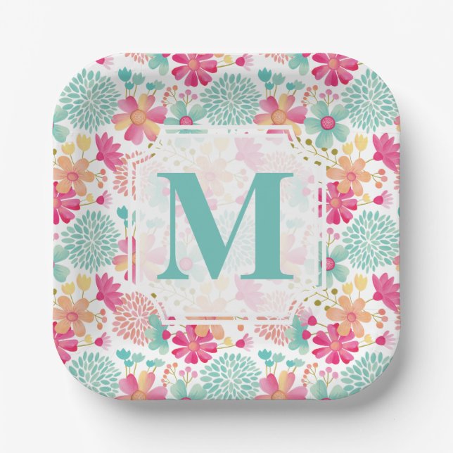 Turquoise Pink Painted Floral monogram Napkins Paper Plate (Front)