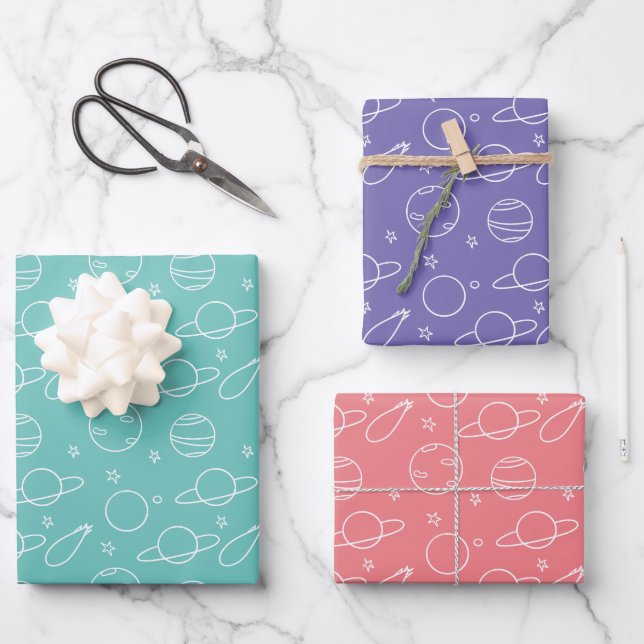 Turquoise Pink Purple White Outer Space Planets Wrapping Paper Sheet (Front)