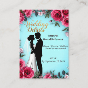 💍 Turquoise Pink Rose Wedding Couple Silhouette Enclosure Card